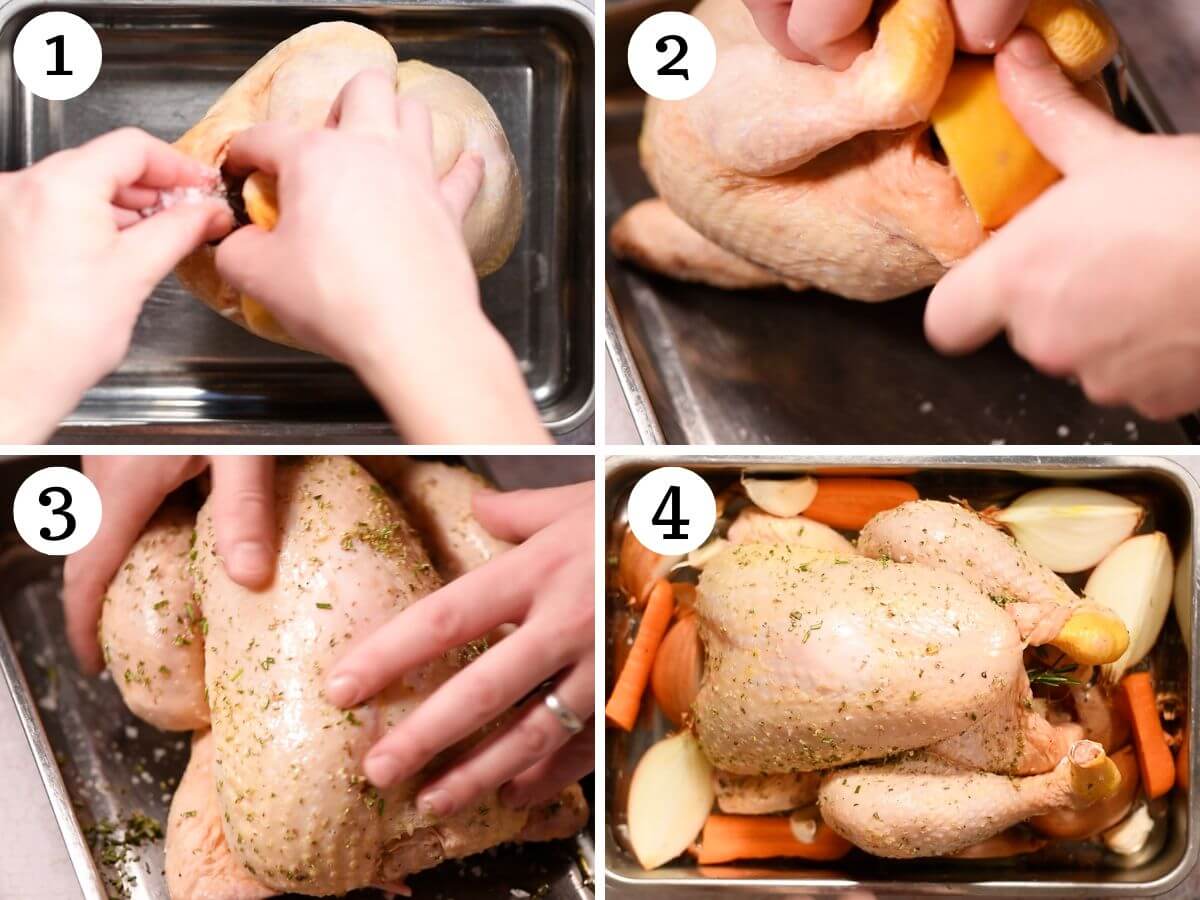 Four photos in a collage showing how to prepare a chicken for roasting.