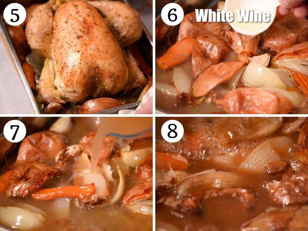 Four photos in a collage showing how to make a gravy from roast chicken.