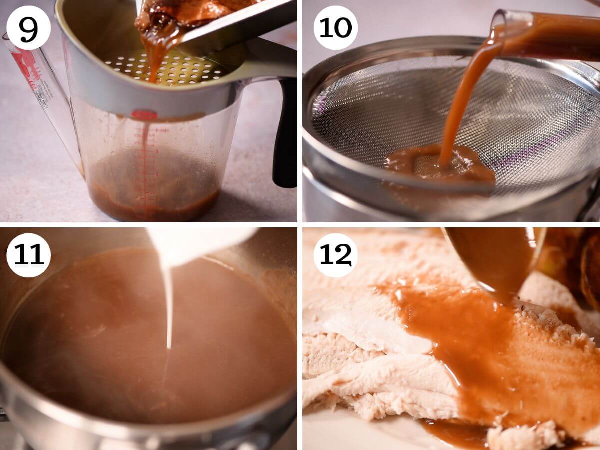 Four photos in a collage showing how to strain and thicken a gravy.