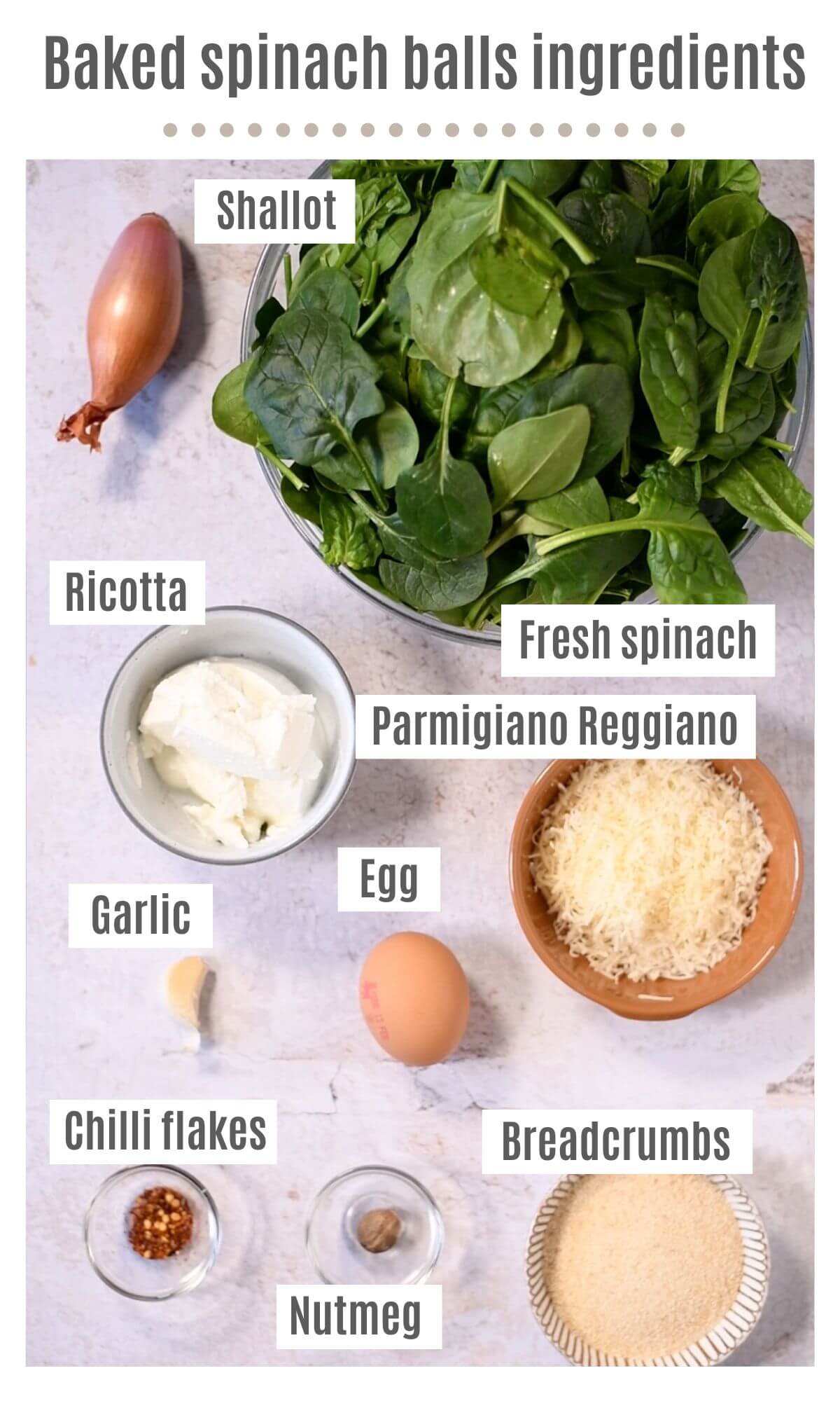 An overhead shot of all the ingredients needed to make baked spinach balls.