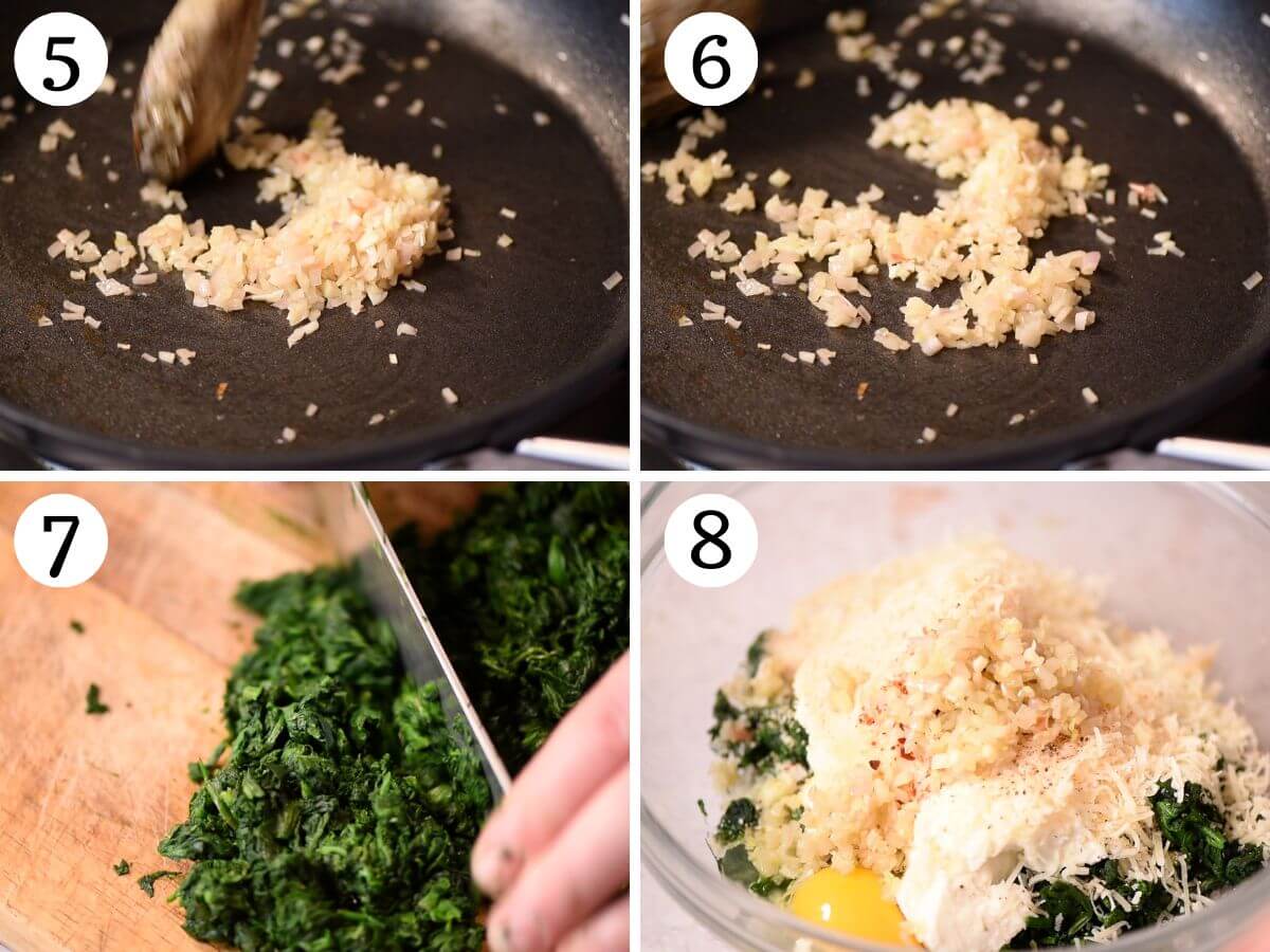 Four photos in a collage showing how to saute shallot and garlic, chop spinach and make the spinach ball filling.