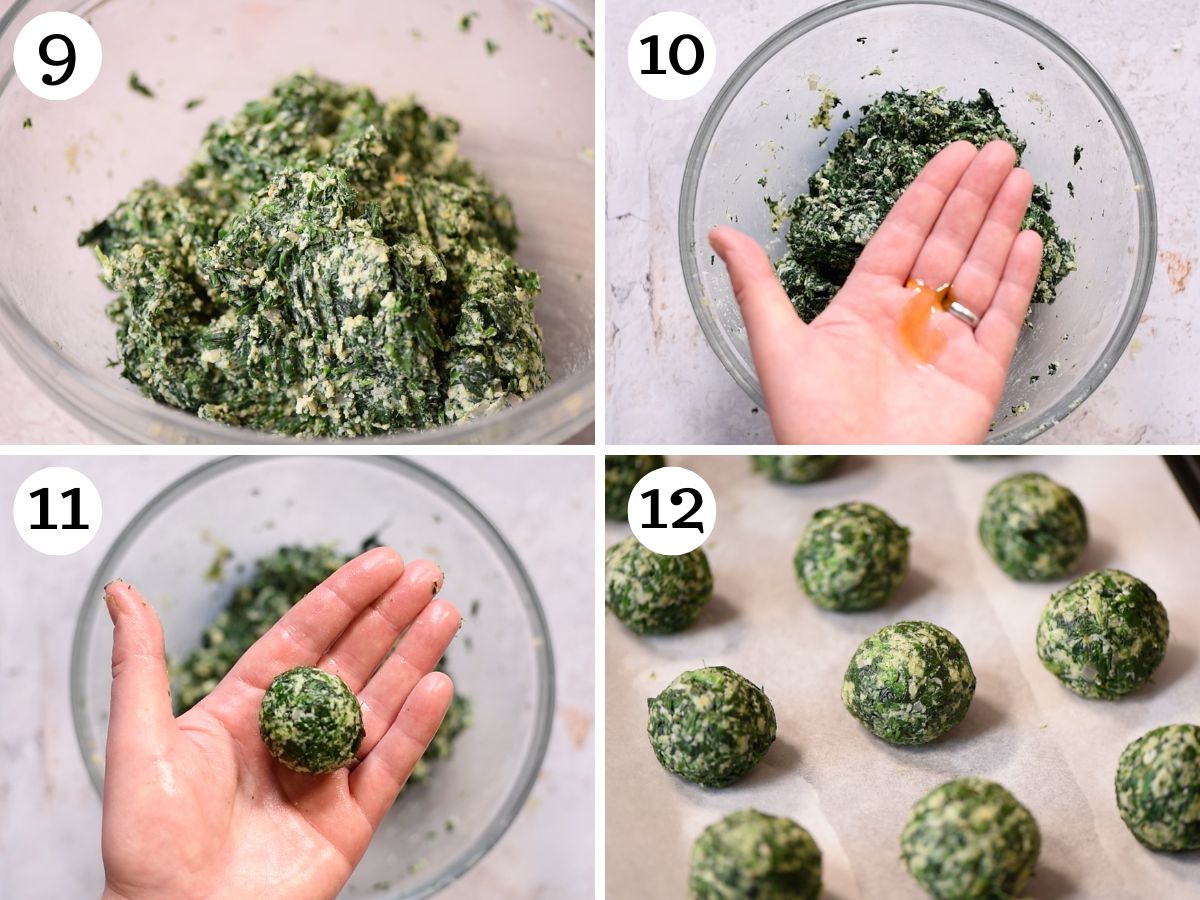 Four photos in a collage showing how to shape spinach balls.