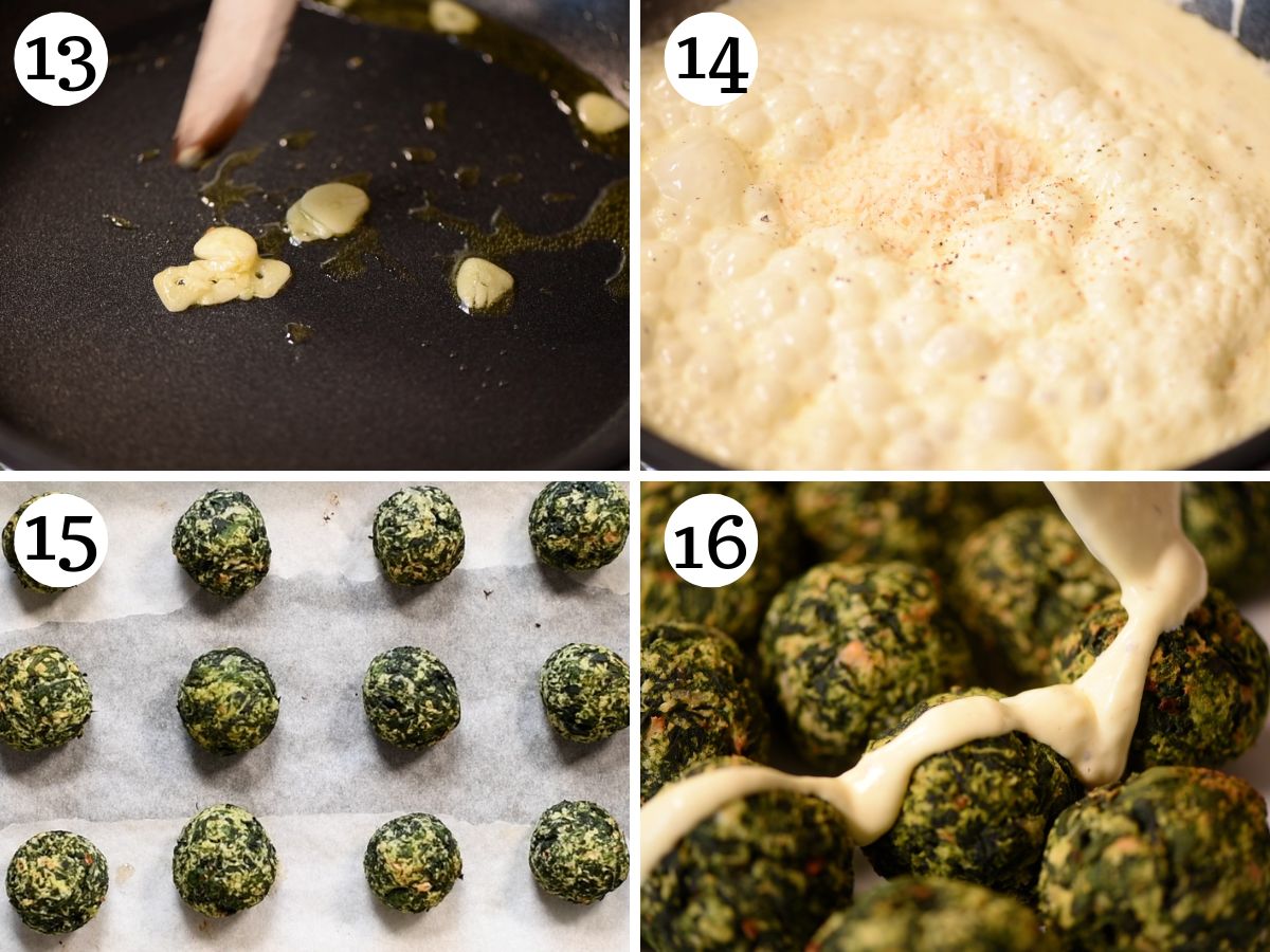 Four photos in a collage showing how to make parmigiano cream for spinach balls.