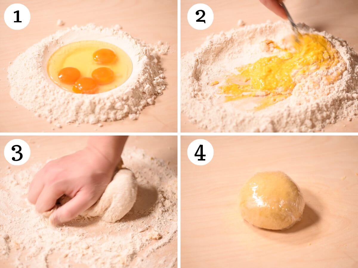 Four photos in a collage showing how to make homemade pasta dough.