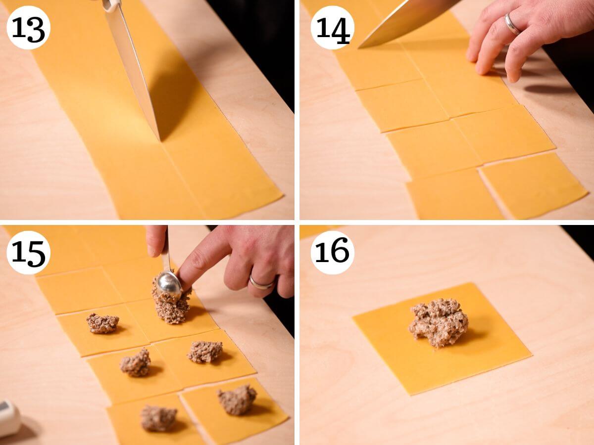Four photos in a collage showing how to fill Triangoli pasta.