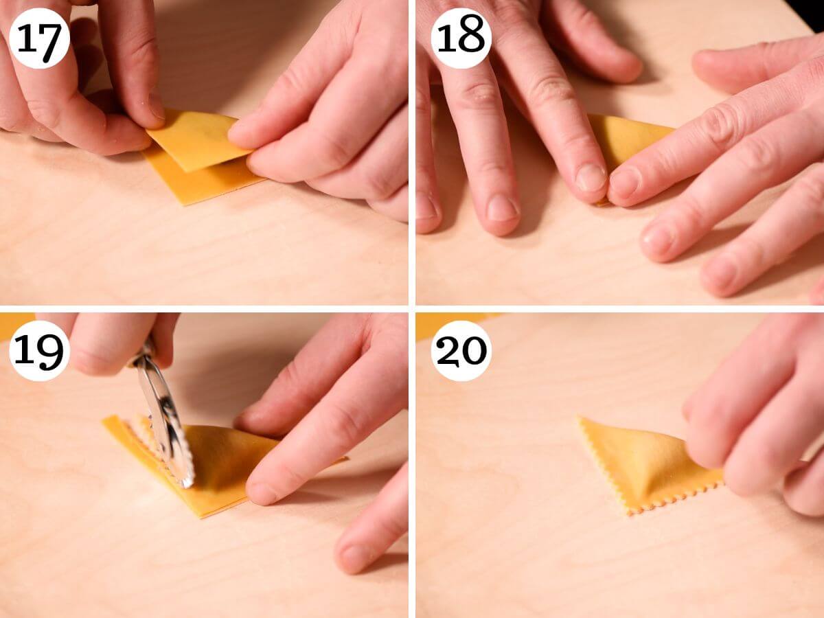 Four photos in a collage showing how to shape and seal Triangoli pasta.