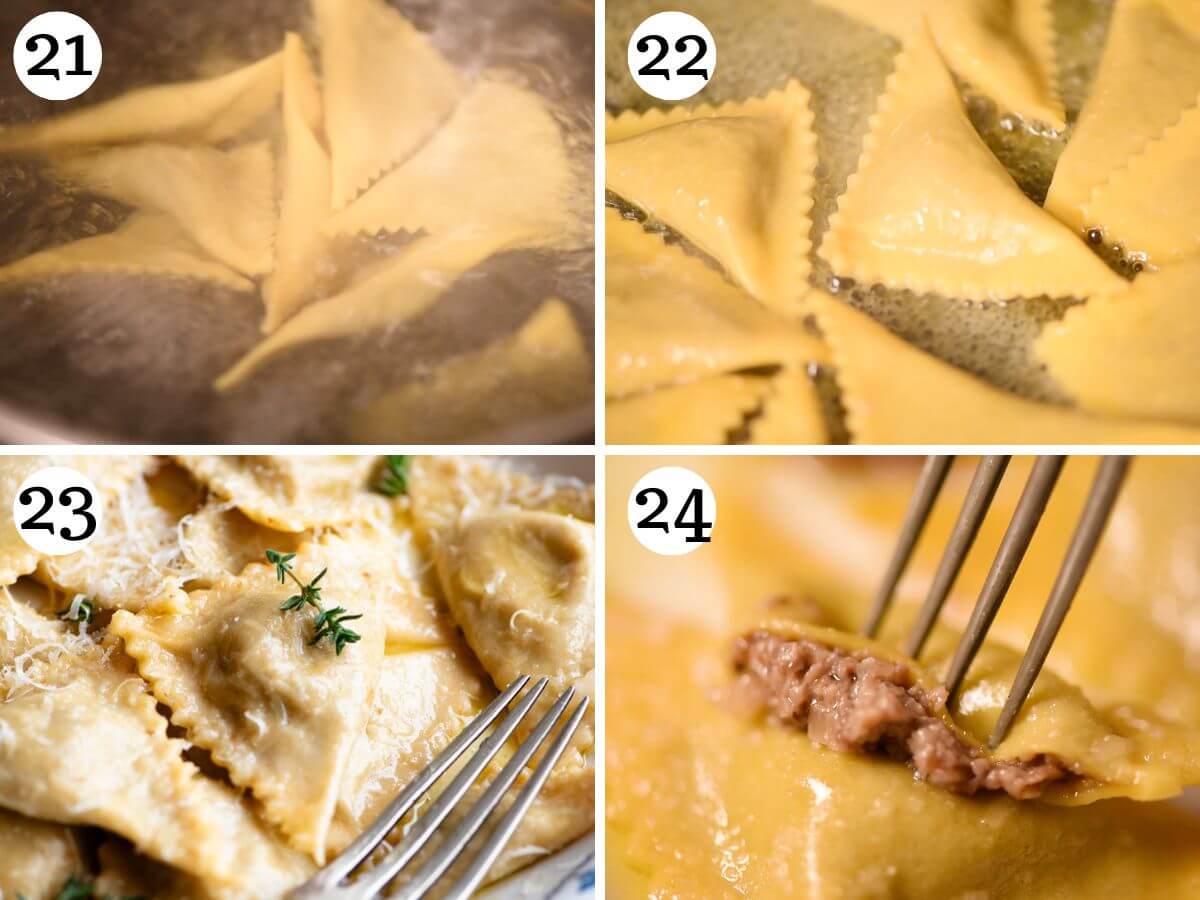Four photos in a collage showing how to boil and and make the triangoli pasta sauce.