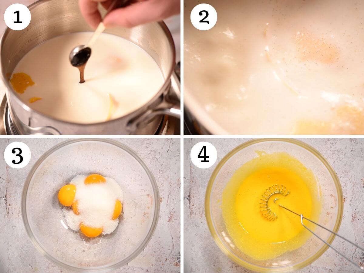 Four photos showing how to heat milk and make an egg mixture for custard.
