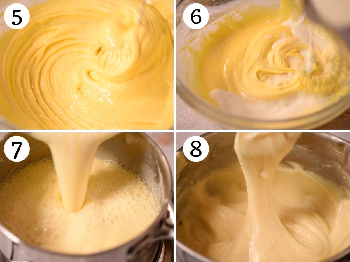 Four photos in a collage showing how to make a thick custard.