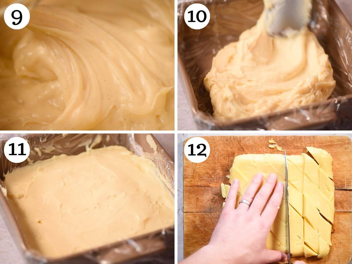 Four photos in a collage showing how to set and cut custard.