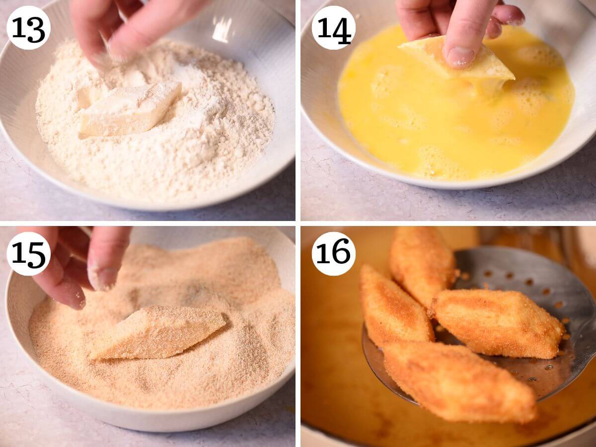 Four photos in a collage showing how to bread and deep fry custard.