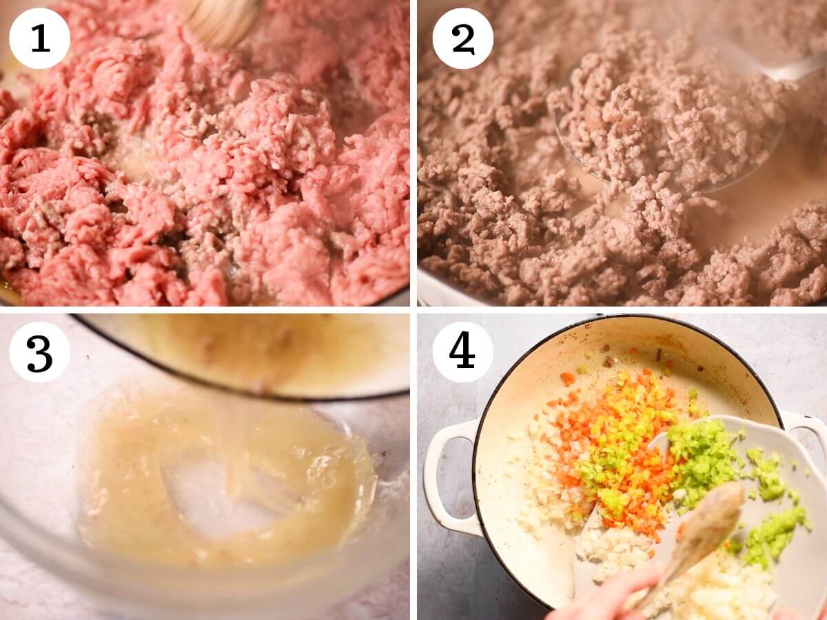 Four photos in a collage showing how to brown ground lamb, discard the fat and saute vegetables.