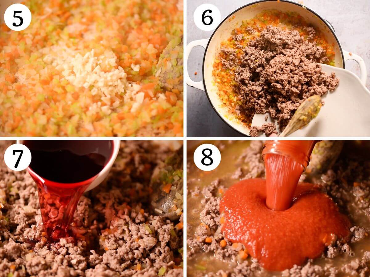 Four photos in a collage showing how to prepare a lamb ragu.