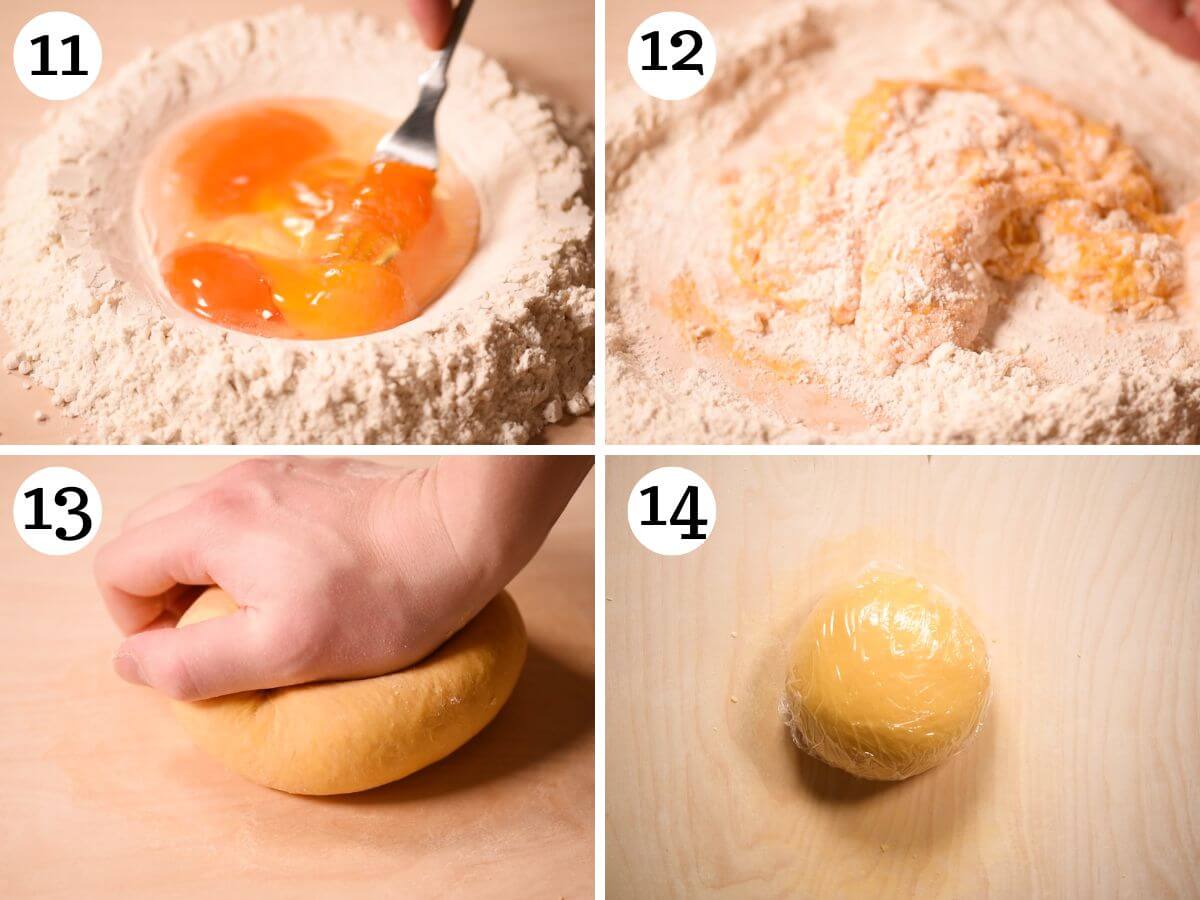 Four photos in a collage showing how to make homemade egg pasta dough for lasagna.
