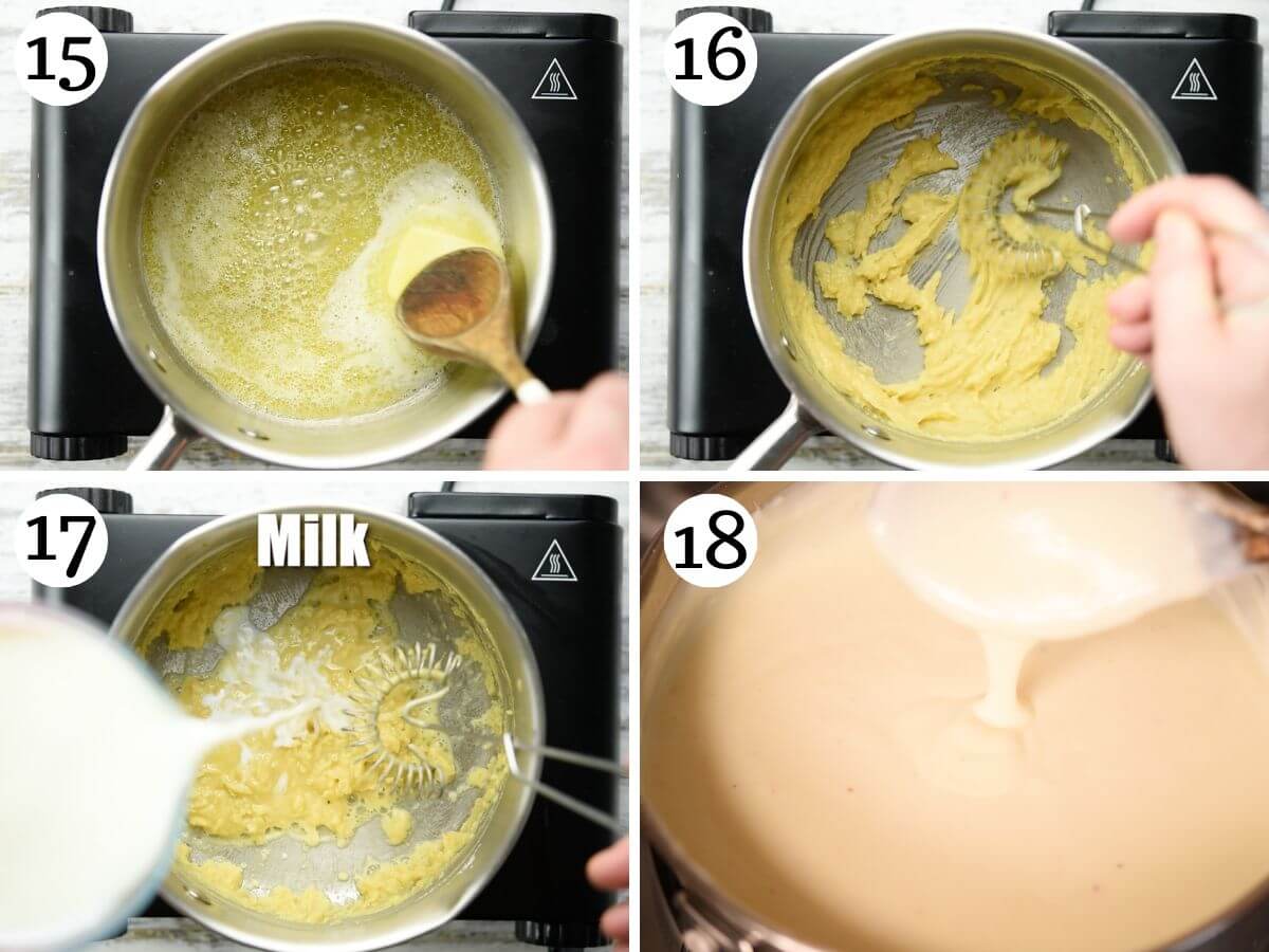 Four photos in a collage showing how to make bechamel sauce from scratch.