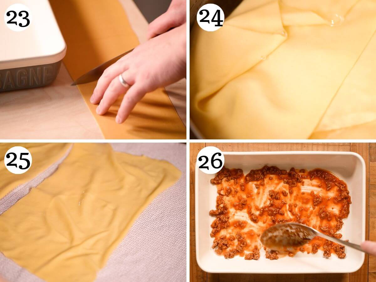 Four photos in a collage showing how to blanch pasta sheets.