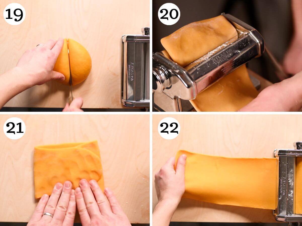 Four photos in a collage showing how to roll out pasta dough.