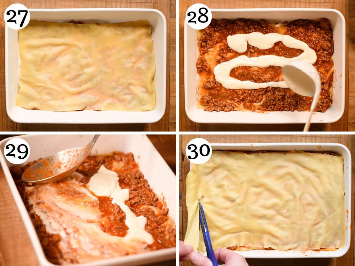 Four photos in a collage showing how to layer a lamb lasagna.