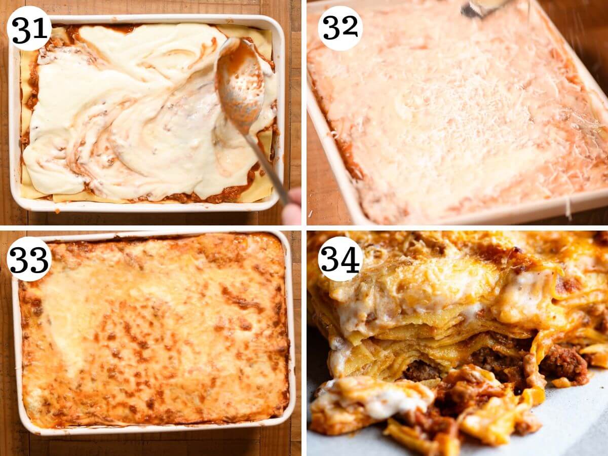 Four photos in a collage showing the final stages of making a lamb lasagna, before and after baking.