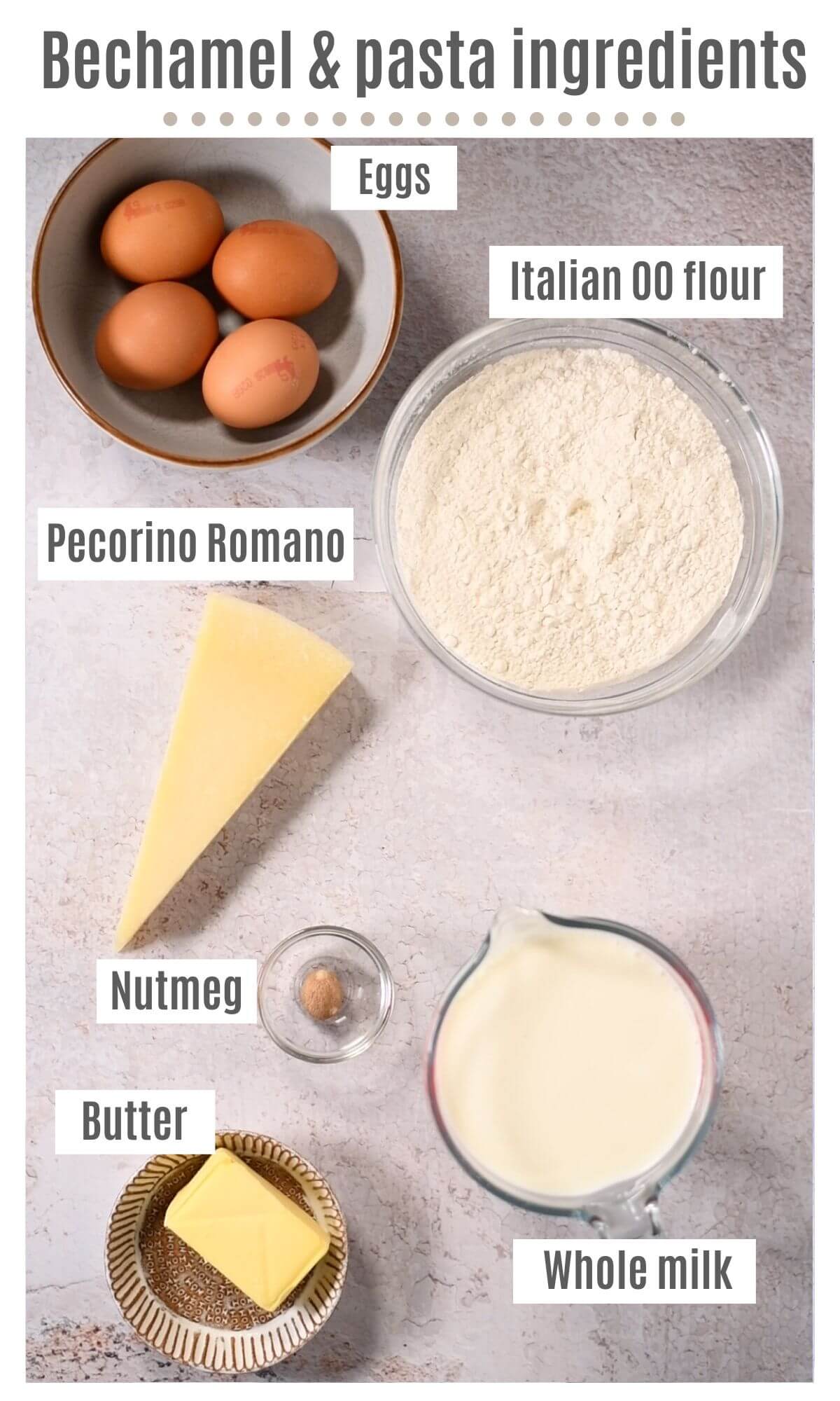 An overhead shot of all the ingredients you need to make bechamel sauce and homemade pasta dough.