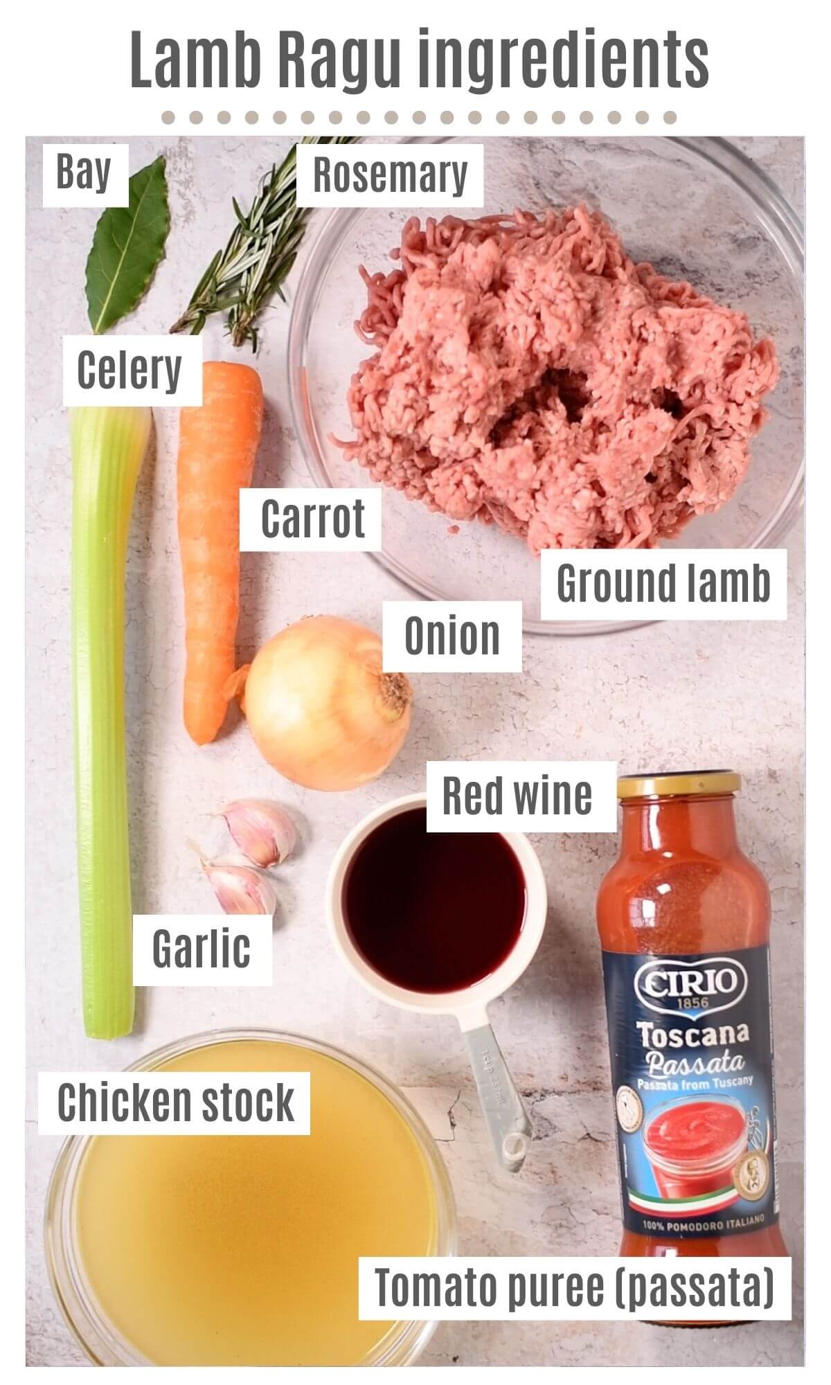 An overhead shot of all the ingredients you need to make a lamb ragu.