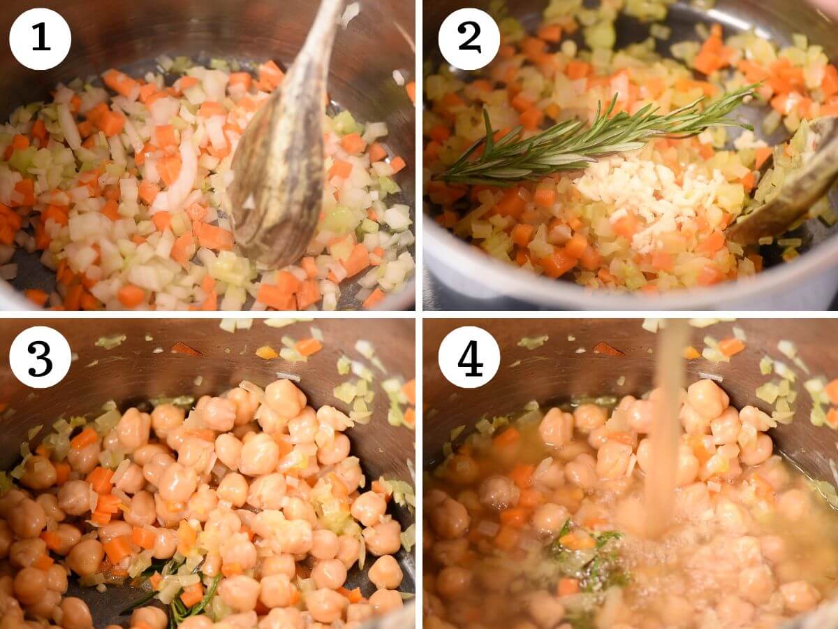 Four photos in a collage showing how to make a soffritto and add chickpeas and stock to soup.