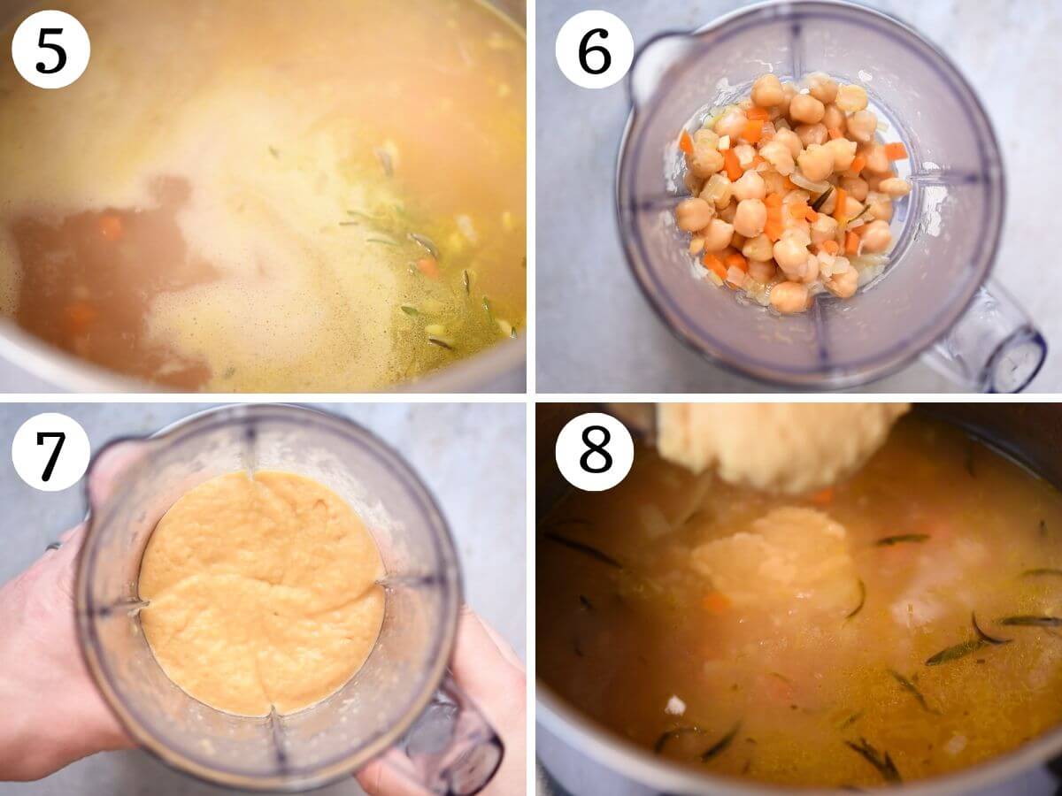 Four photos in a collage showing how to blitz chickpeas into a puree to add to pasta e ceci soup.