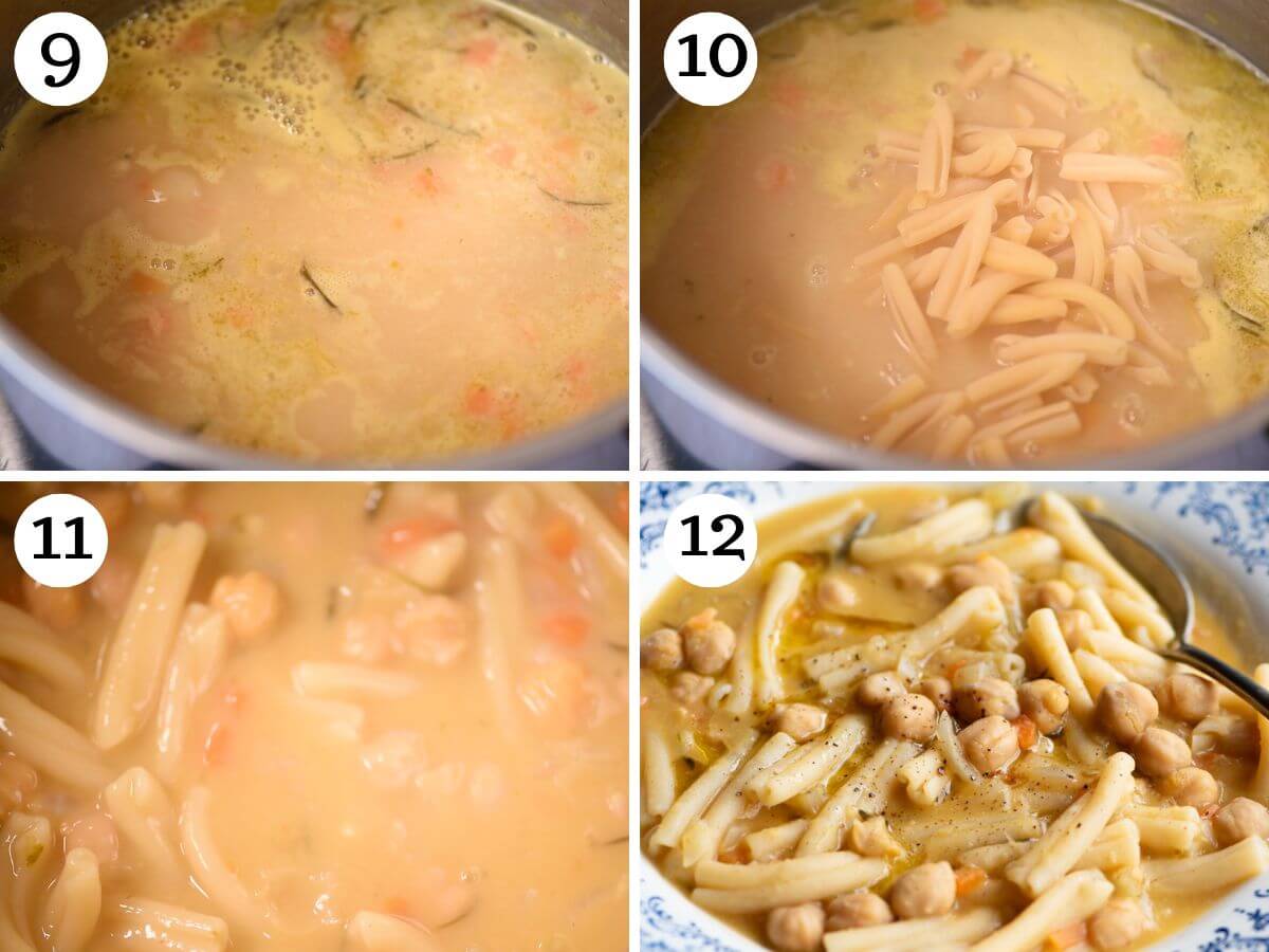 Four photos in a collage showing how to add pasta to pasta e ceci and serve it.