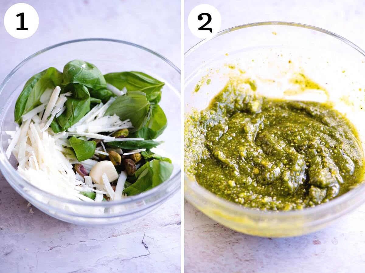 Two photos in a collage showing how to make pistachio pesto with an immersion blender.