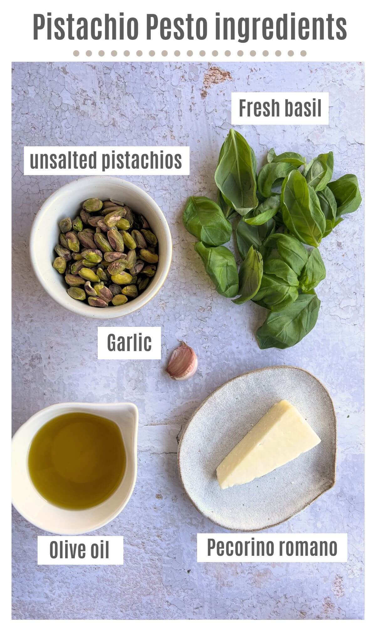 An overhead shot of all the ingredients needed to make pistachio pesto.