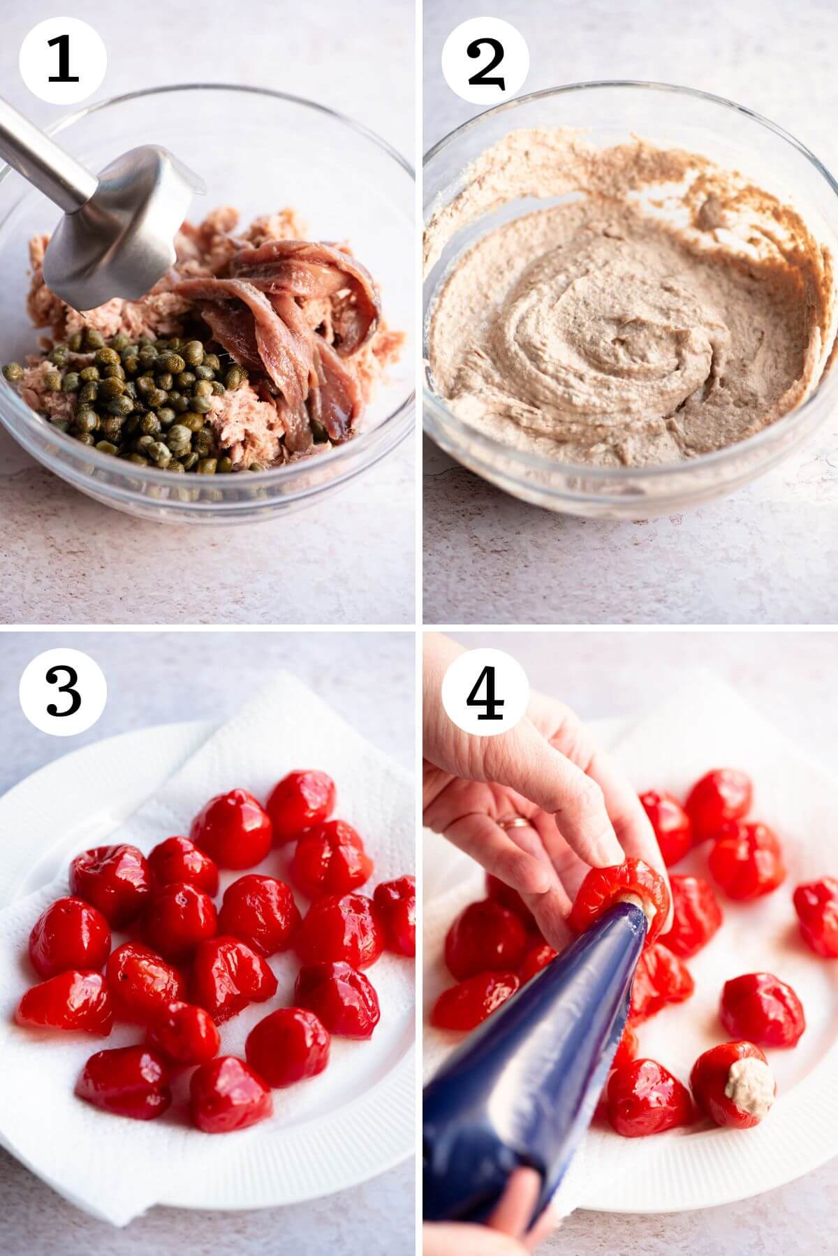 Four photos in a collage showing how to stuffed cherry peppers with a tuna mixture.
