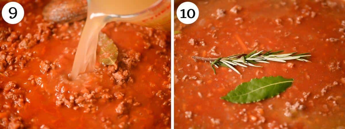 Two photos showing how to add stock and herbs to a lamb ragu.