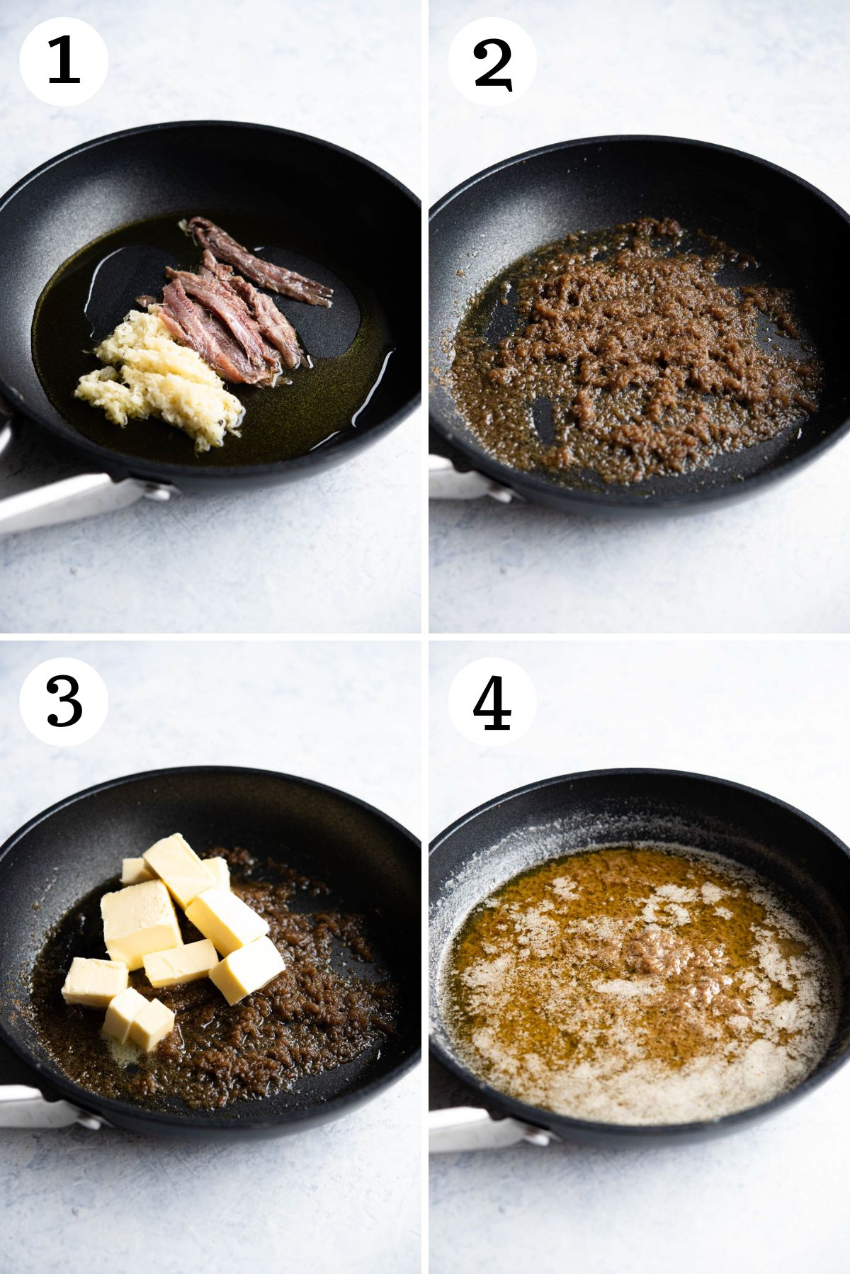 Four photos in a collage showing how to make Bagna Cauda with anchovies, butter and garlic.