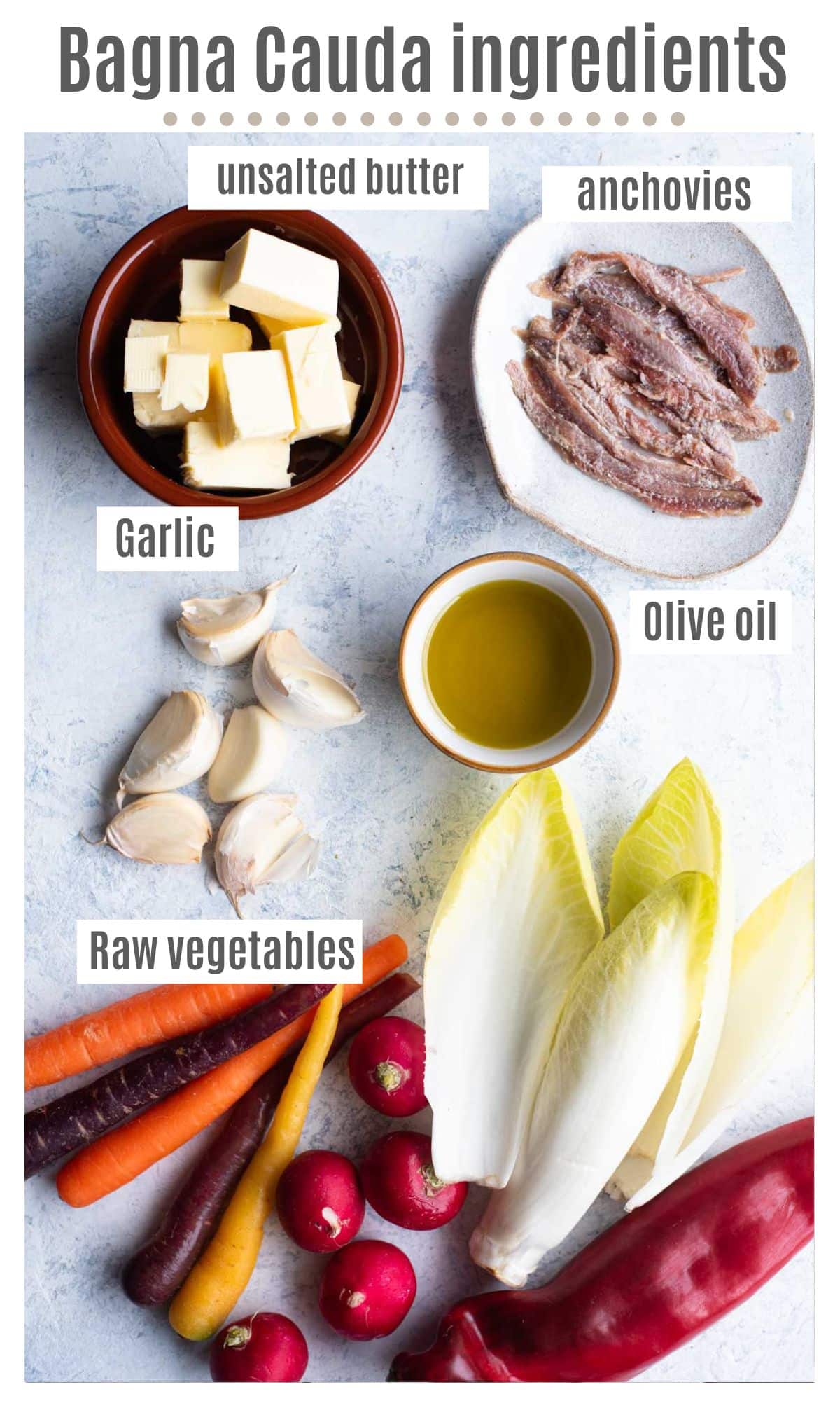 An overhead shot of all the ingredients you need to make Bagna Cauda.