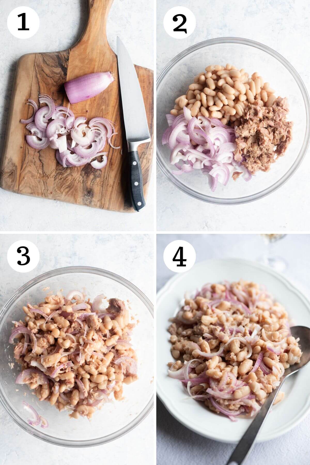 Four photos in a collage showing how to make a cannellini bean salad with tuna and onions.