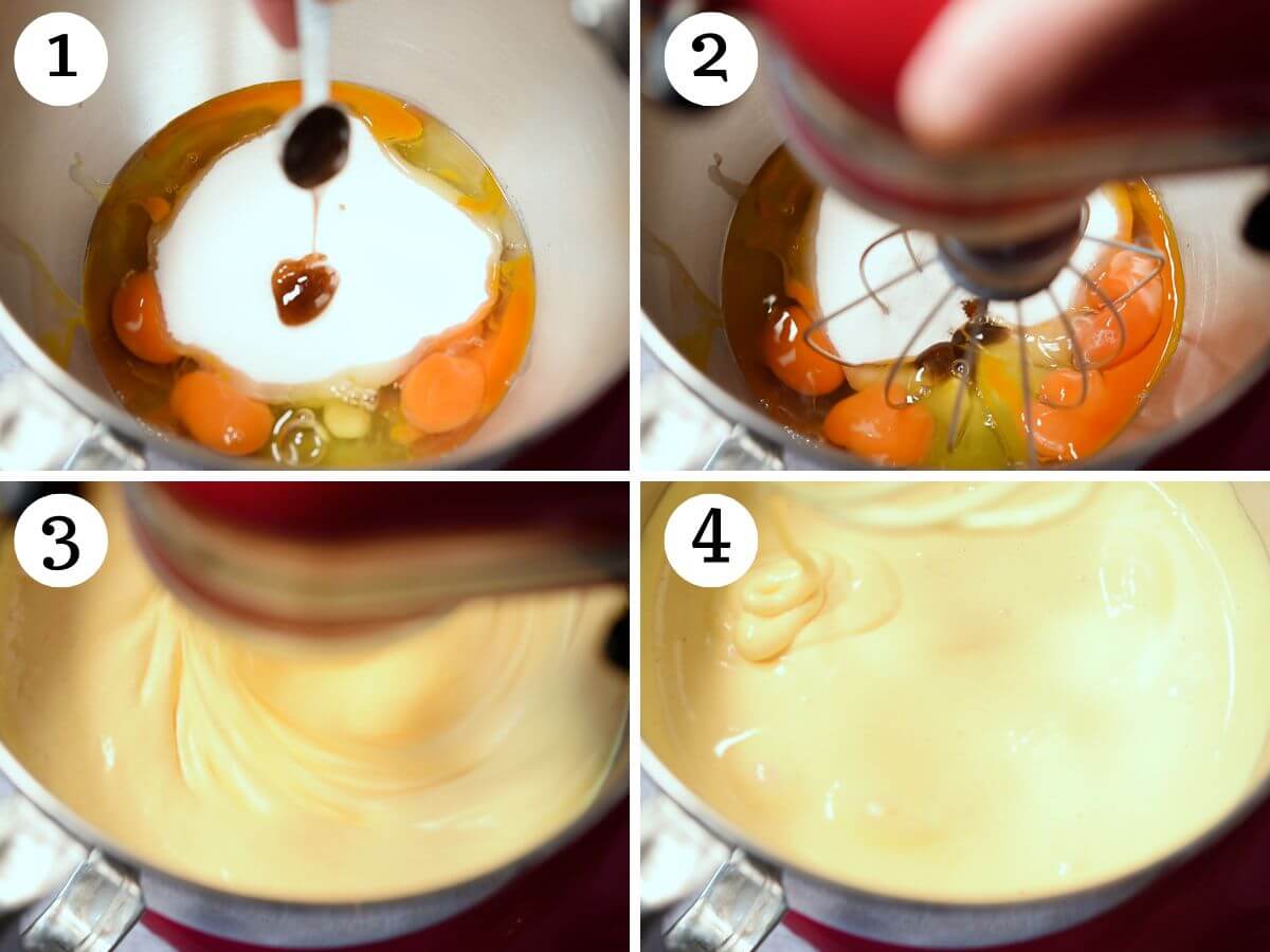 Four photos in a collage showing how to whip eggs, vanilla, salt and sugar in a stand mixer.