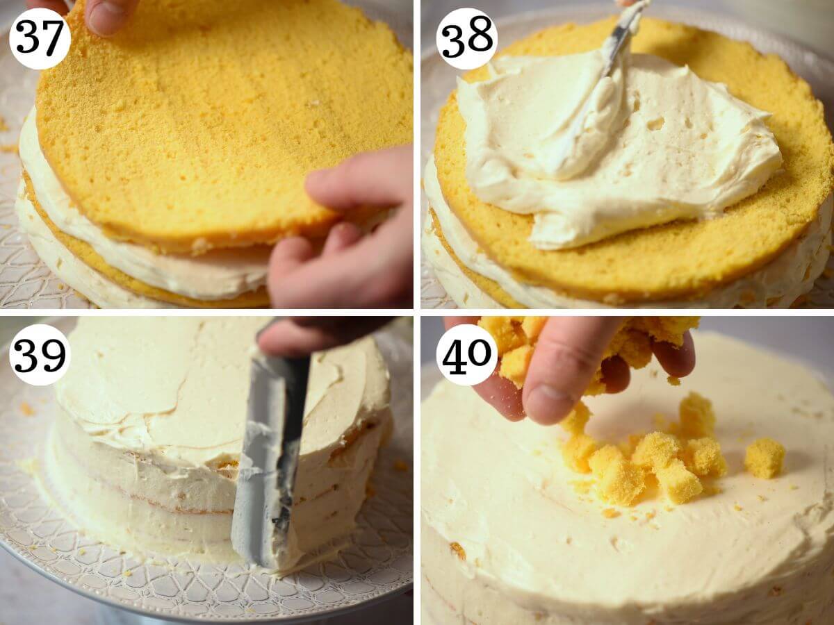 Four photos in a collage showing how to decorate a mimosa cake.