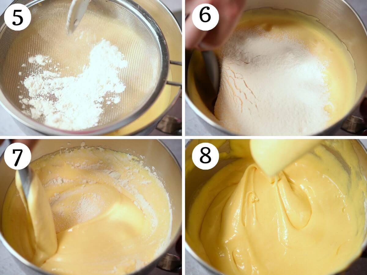 Four photos in a collage showing how to fold in flour to cake batter.