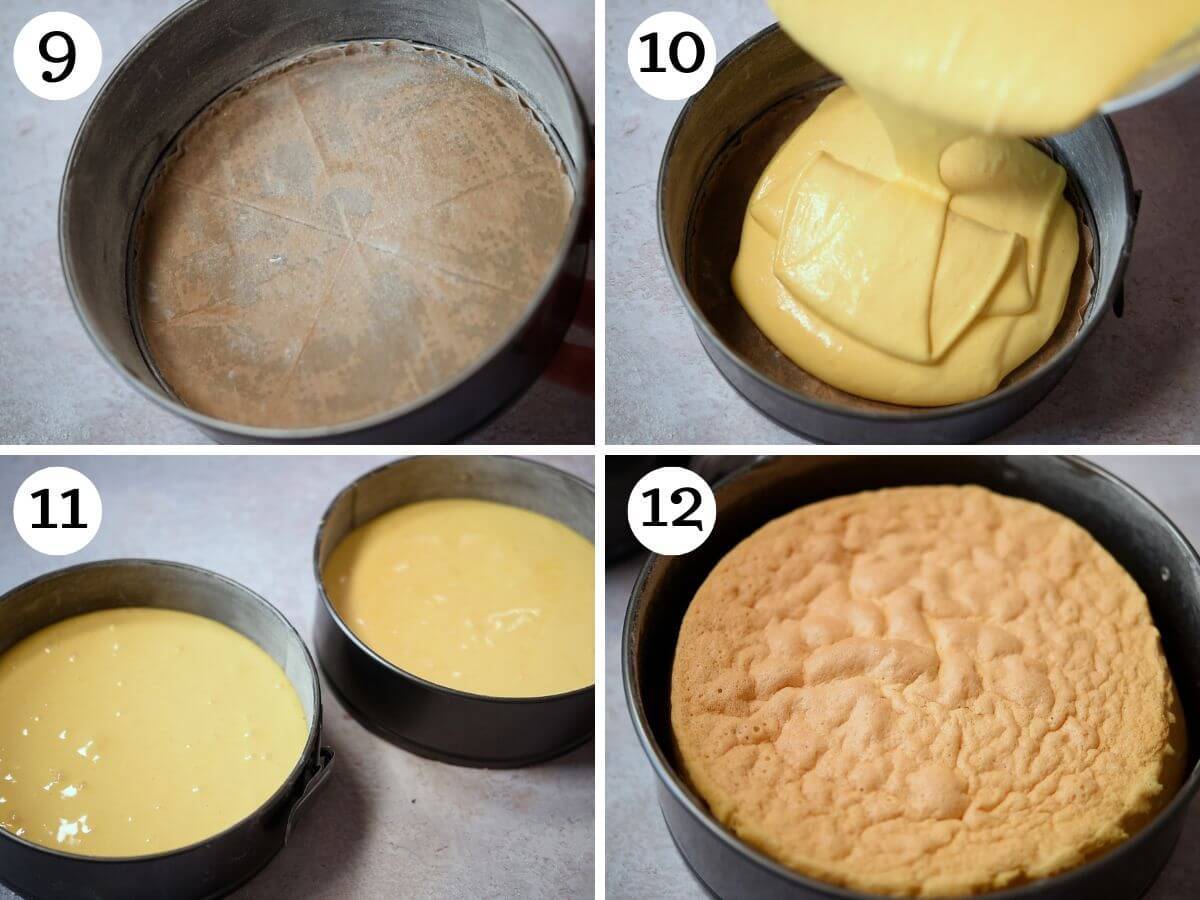 Four photos in a collage showing before and after baking the pan di spagna sponge for a mimosa cake.