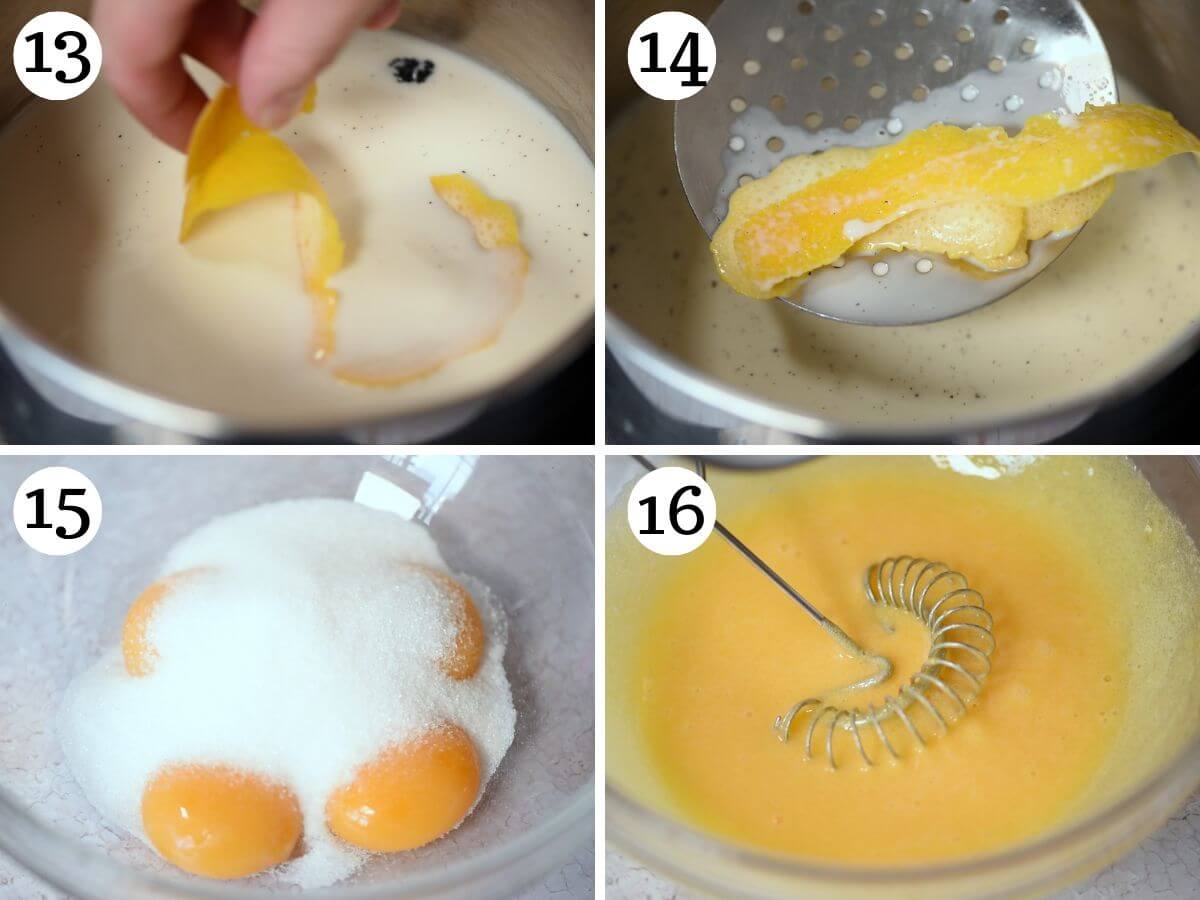 Four photos in a collage showing how to make pastry cream.