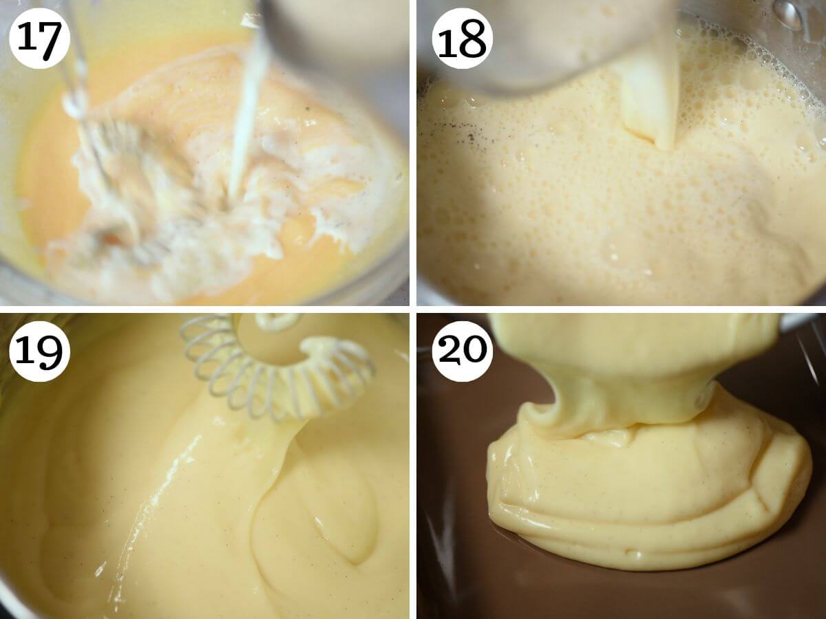Four photos in a collage showing what cooked pastry cream looks like.