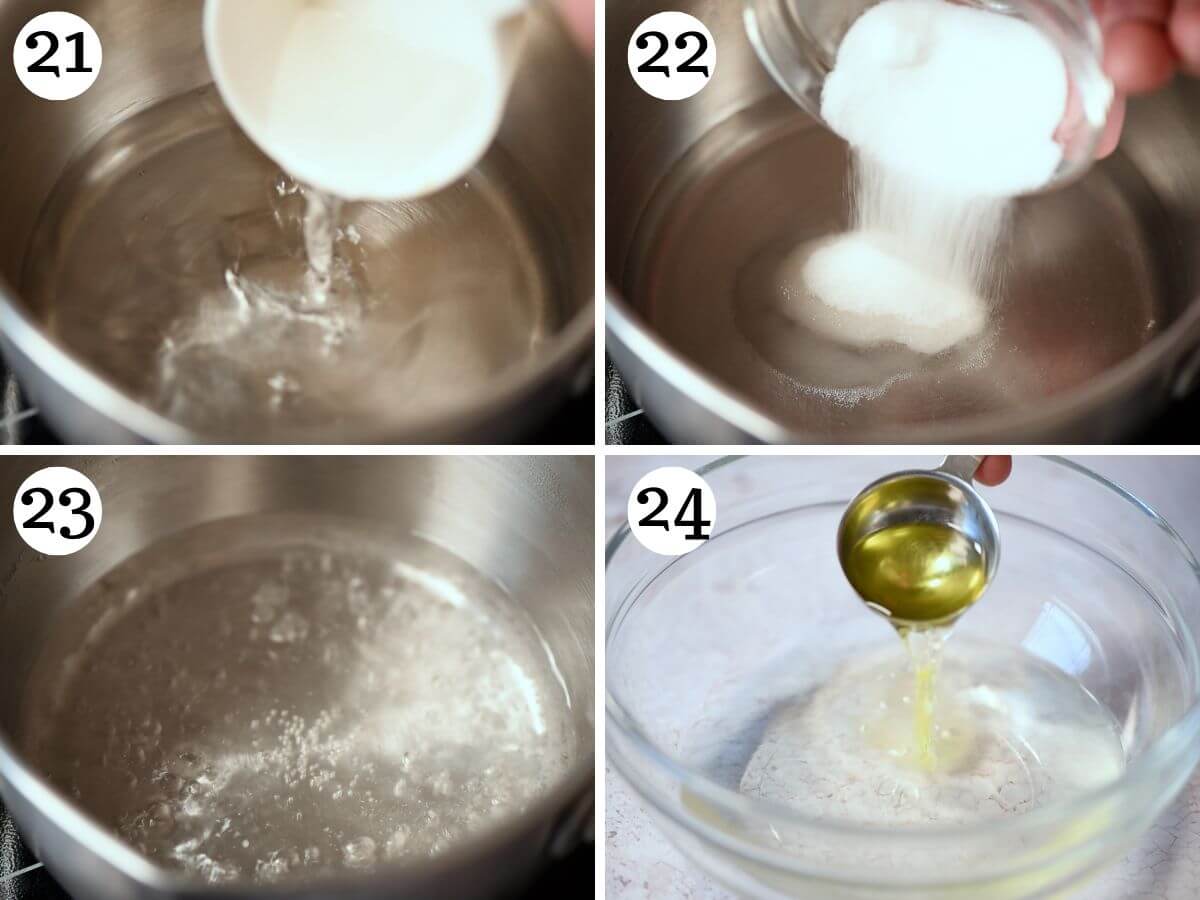 Four photos in a collage showing how to make sugar water.