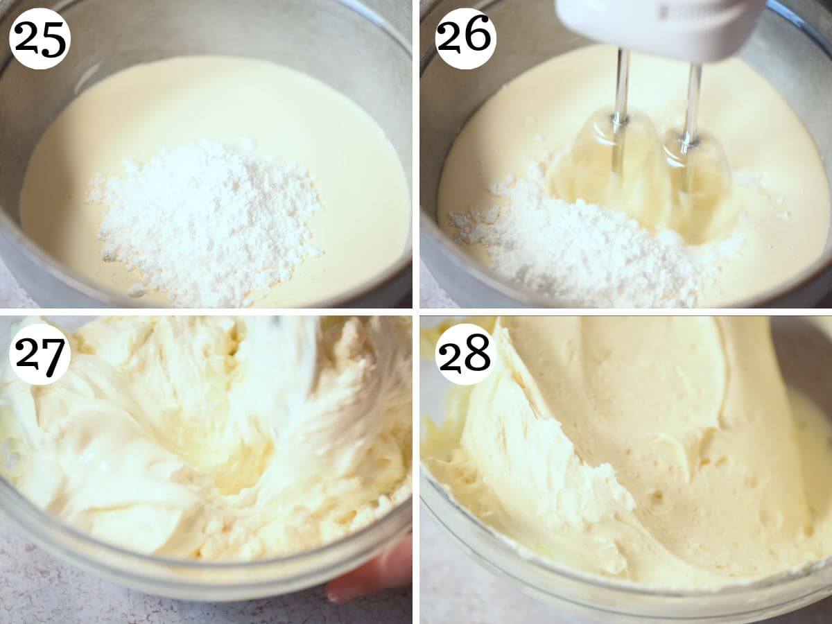 Four photos in a collage showing how to make Chantilly cream with pastry cream folded in.