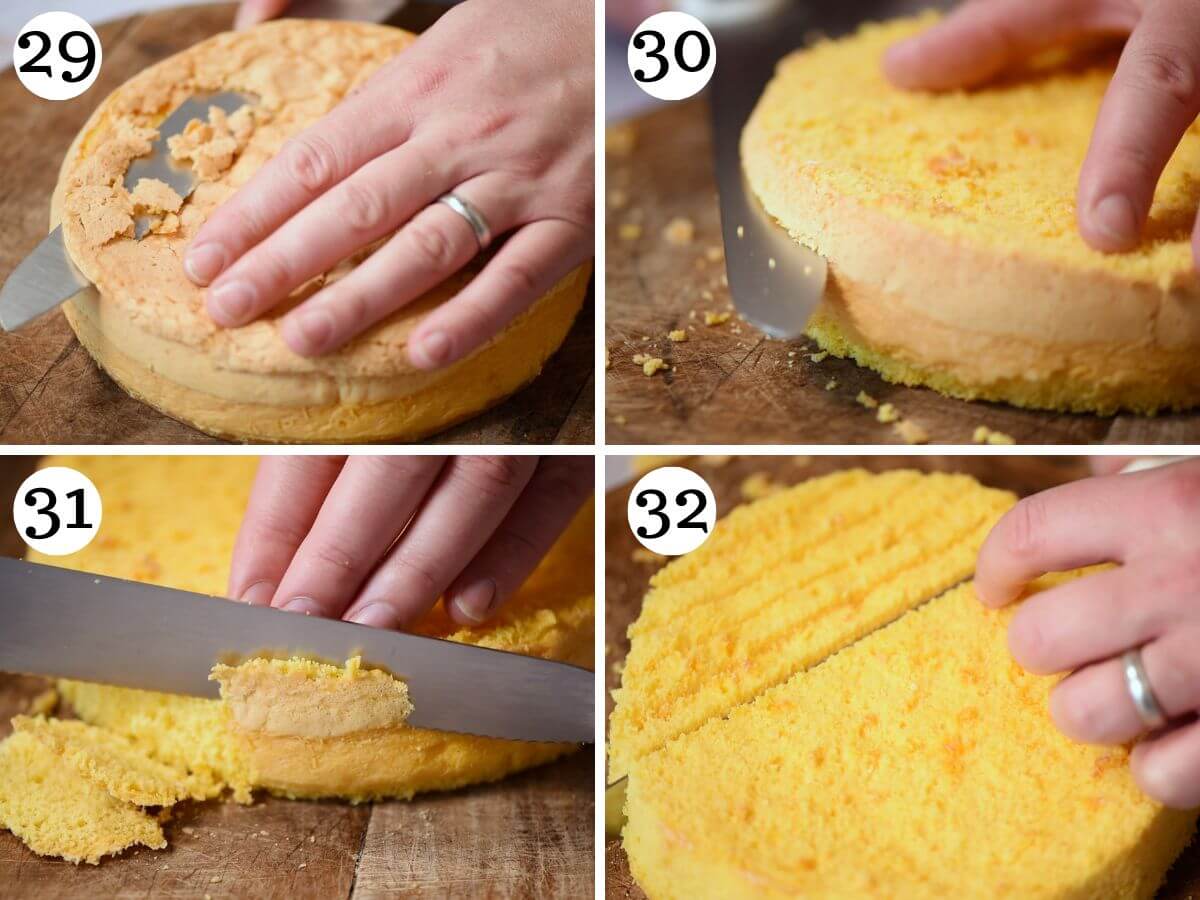 Four photos in a collage showing how to trim and cut the sponages to make a mimosa cake.