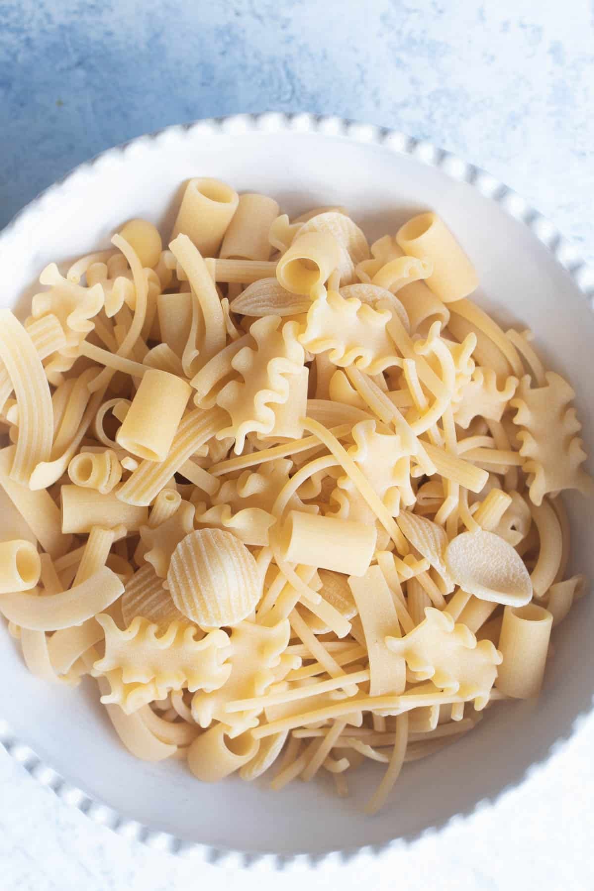 A close up of pasta mista (mixed pasta) in a bowl.