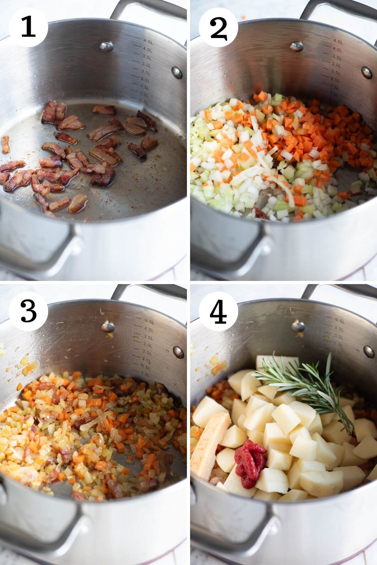 Four photos in a collage showing how to saute guanciale and vegetables.