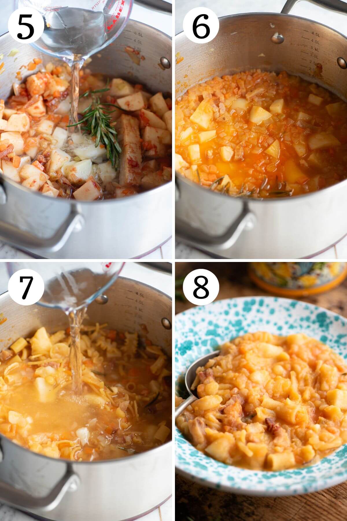 Four photos in a collage showing how to make Pasta e Patate.