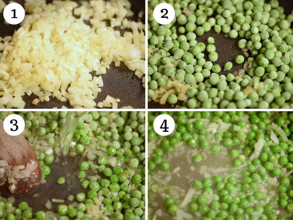 Four photos in a collage showing how to saute onions and peas.