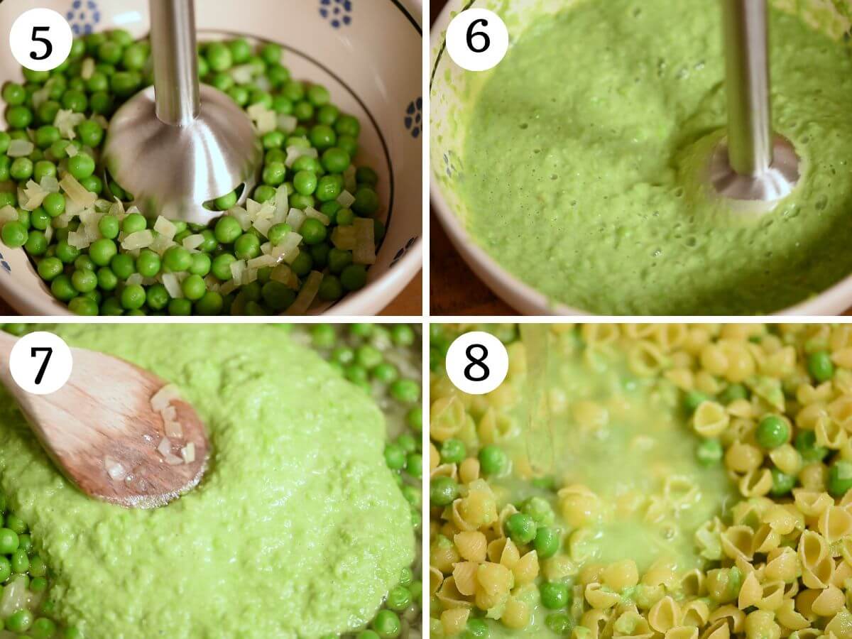 Four photos in a collage showing how to blend peas into a puree and add it to pasta.