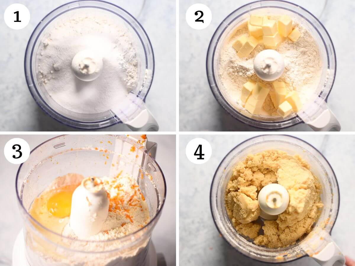 Four photos in a collage showing how to make shortcrust pastry in a food processor.
